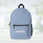 Modern Blue Monogram Name Printed Backpack<br><div class="desc">Personalised light denim blue backpack with your monogram name or initials in a bold and trendy white font.</div>