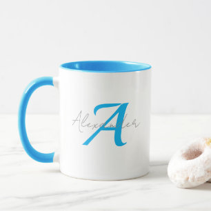 Modern Blue Monogram & Script Name Personalised Mug