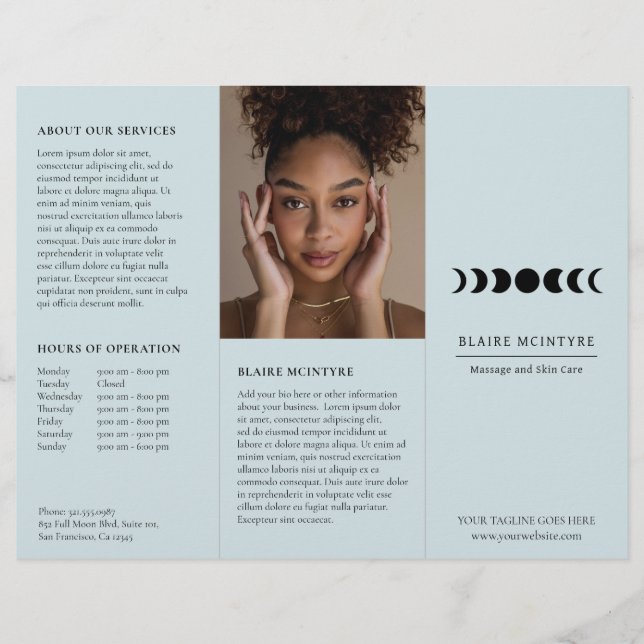 Modern Blue Moon Phases Elegant Tri-fold Brochure (Front)