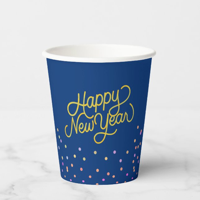 Modern Blue & Multicolor Dots Happy New Year Paper Cups (Front)
