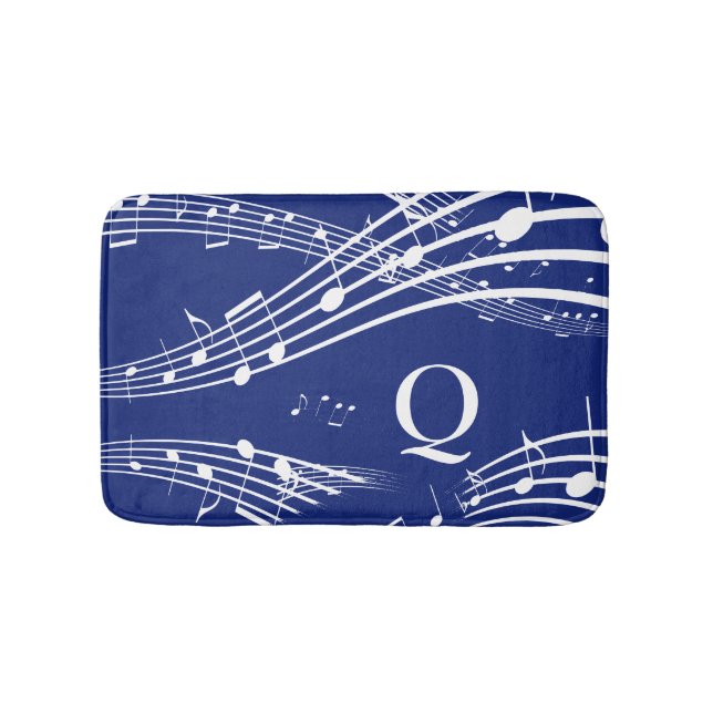 Modern Blue Music Notes Monogram Bath Mat (Front)