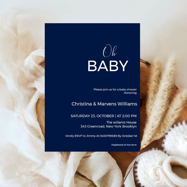 Modern blue navy calligraphy neutral baby shower invitation (Creator Uploaded)
