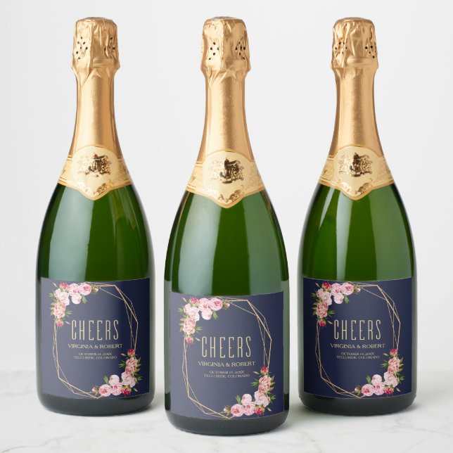 Modern Blue Navy Geometric Blush Pink Wedding Sparkling Wine Label (Bottles)