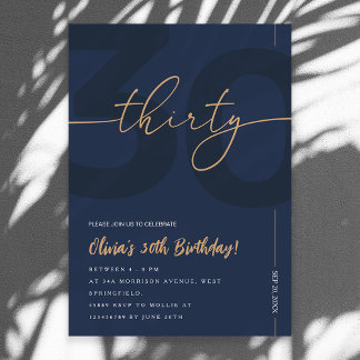 Modern Blue Navy & Gold 30th Birthday Invitation