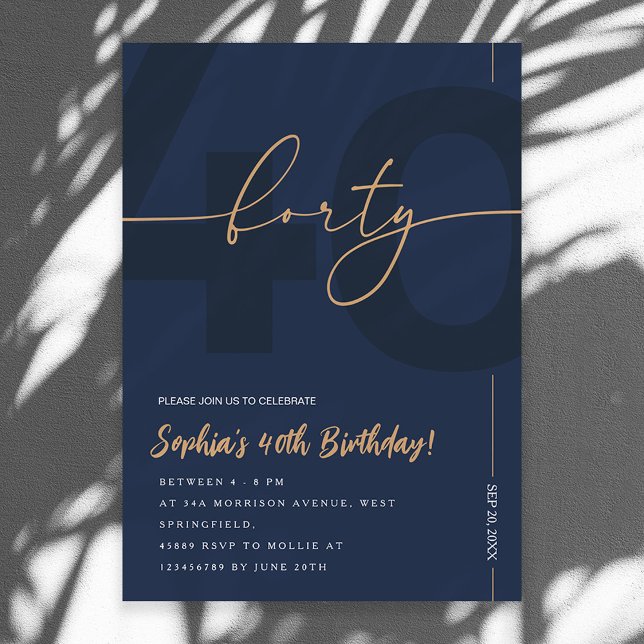Modern Blue Navy & Gold 40th Birthday Invitation (Creator Uploaded)
