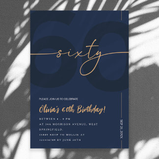 Modern Blue Navy & Gold 60th Birthday Invitation
