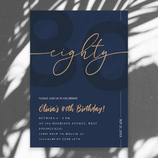 Modern Blue Navy & Gold 80th Birthday Invitation