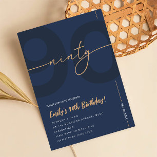 Modern Blue Navy & Gold 90th Birthday Invitation