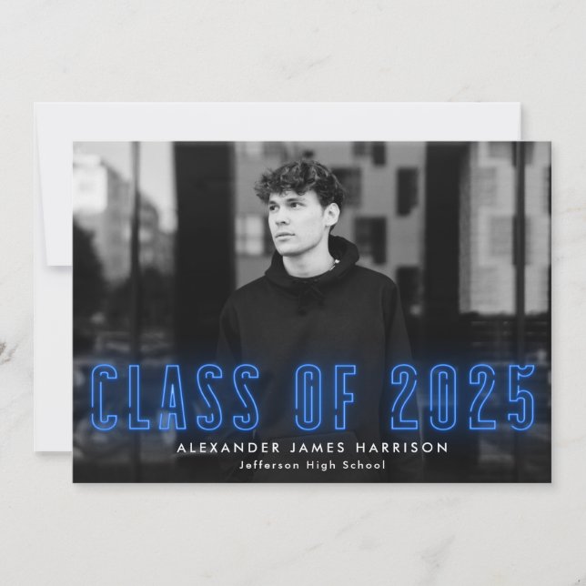 Modern Blue Neon Class of 2023 Photo Graduation Announcement (Front)