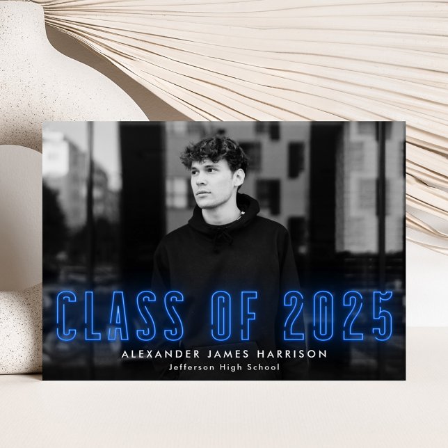 Modern Blue Neon Class of 2023 Photo Graduation Announcement (Creator Uploaded)