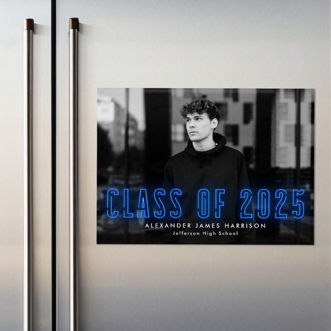 Modern Blue Neon Class of 2025 Photo Graduation Magnetic Invitation (Creator Uploaded)