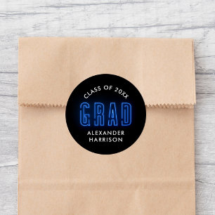 Modern Blue Neon Graduation Classic Round Sticker