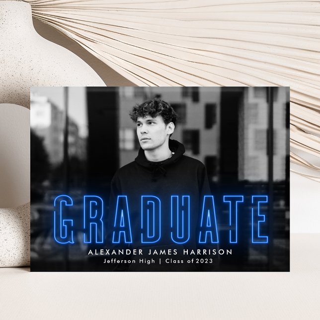 Modern Blue Neon Photo Graduation Announcement (Creator Uploaded)