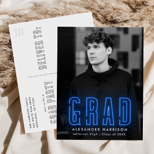 Modern Blue Neon Photo Graduation Party Invitation Postcard