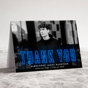 Modern Blue Neon Photo Graduation Thank You Card