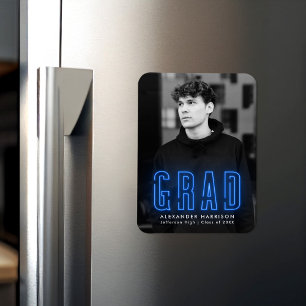 Modern Blue Neon Vertical Photo Graduation Magnet