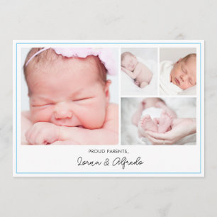 Modern Blue Newborn Baby Photo Collage Birth Announcement