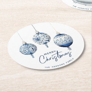 Modern Blue Nordic Style Ornaments Merry Christmas Round Paper Coaster