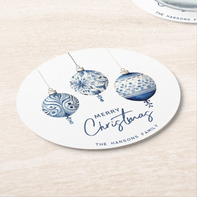 Modern Blue Nordic Style Ornaments Merry Christmas Round Paper Coaster (Angled)