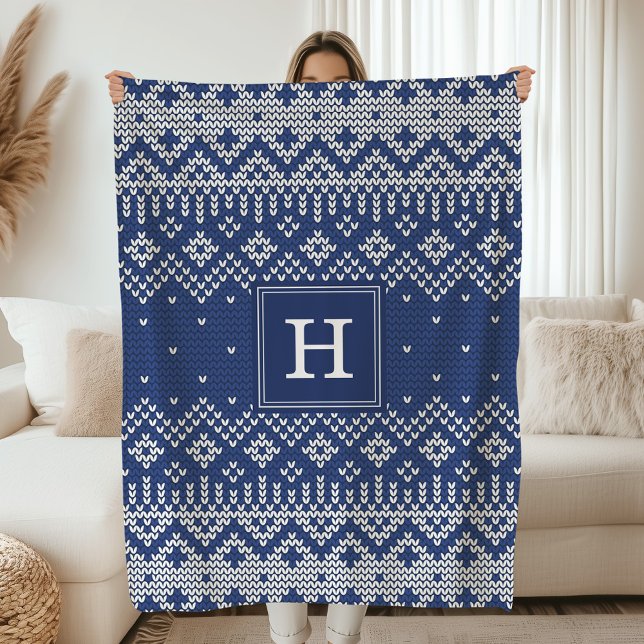 Modern Blue Nordic Sweater Knit Monogram Holiday Fleece Blanket (Creator Uploaded)