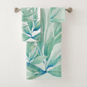 Modern Blue Ocean Abstract Plants Watercolor Bath Towel Set