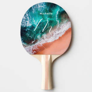 Modern Blue ocean beach monogrammed coastal sea Ping Pong Paddle