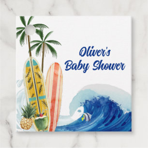 Modern Blue Ocean Wave Surfboard Baby Shower  Favour Tags