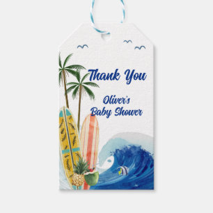 Modern Blue Ocean Wave Surfboard Baby Shower Gift Tags