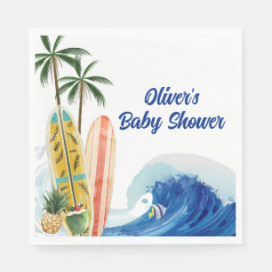 Modern Blue Ocean Wave Surfboard Baby Shower Napkin