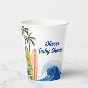 Modern Blue Ocean Wave Surfboard Baby Shower Paper Cups