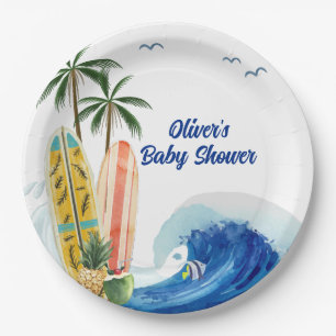 Modern Blue Ocean Wave Surfboard Baby Shower  Paper Plate