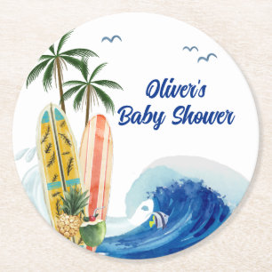 Modern Blue Ocean Wave Surfboard Baby Shower  Round Paper Coaster
