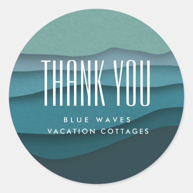 Modern Blue Ocean Waves Thank You Classic Round Sticker (Front)