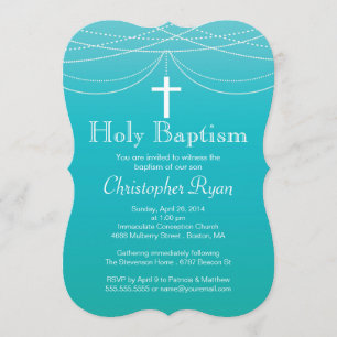 Modern Blue Ombre Garland Cross Holy Baptism Invitation