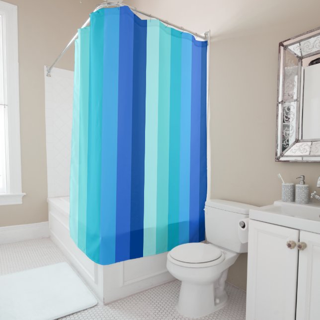Modern Blue Ombre Striped Shower Curtain (In Situ)