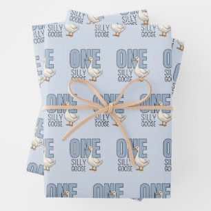 Modern Blue One Silly Goose First Birthday Wrapping Paper Sheet