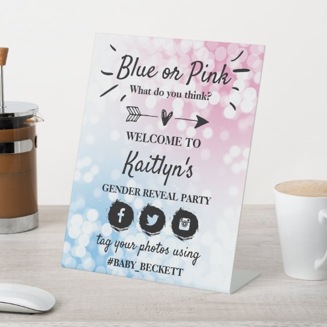 Modern Blue Or Pink? Gender Reveal Party Welcome Pedestal Sign (In SItu)