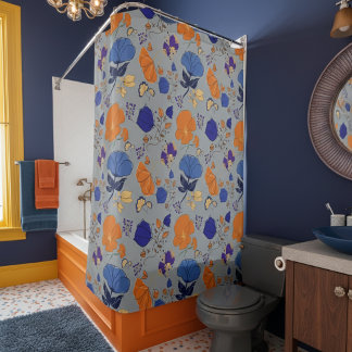 Modern Blue & Orange Floral Shower Curtain