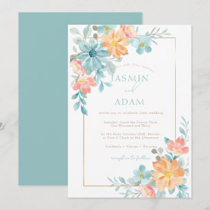 Modern Blue & Orange Floral Wedding Invitation