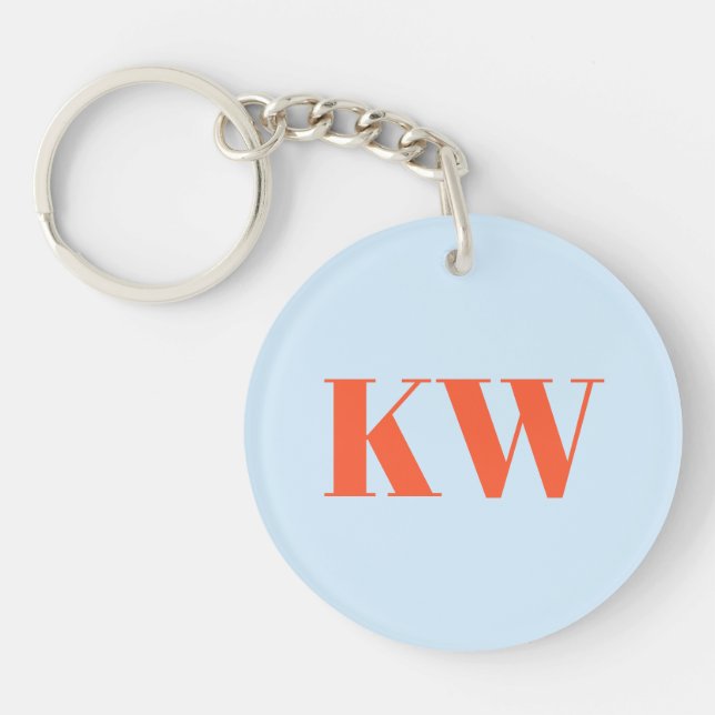 Modern Blue Orange Monogram Initials Personalised Key Ring (Front)
