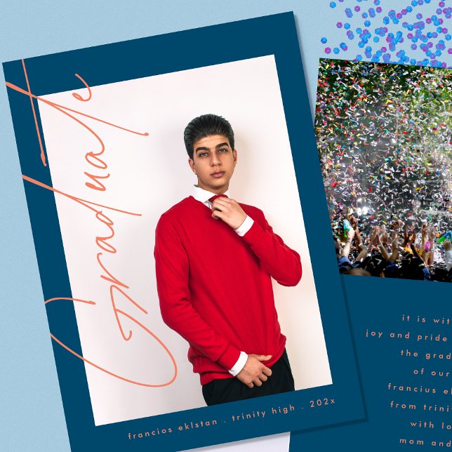 Modern Blue Orange Photo High School Graduation Announcement (Creator Uploaded)