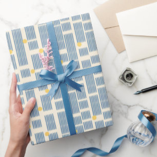 Modern Blue Organic Lines and Yellow Dots Japandi Wrapping Paper