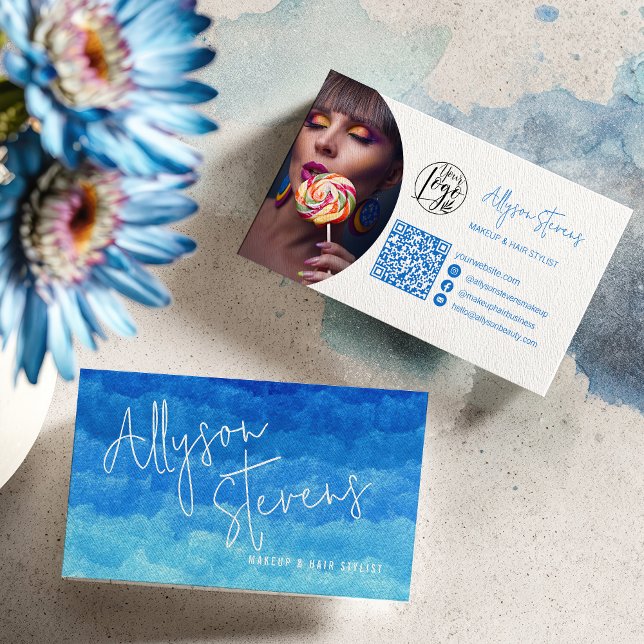 Modern Blue Paint Beauty Makeup Hair logo qr Business Card (Modern Blue Paint Beauty Makeup Hair logo qr Business Card)
