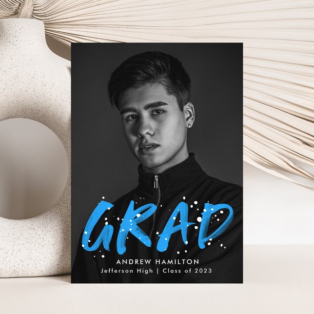 Modern Blue Paint Splatter Photo Graduation Announcement (Creator Uploaded)