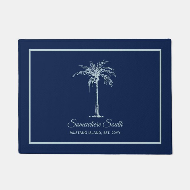Modern Blue Pale Teal Palm Tree Personalised Doormat (Front)