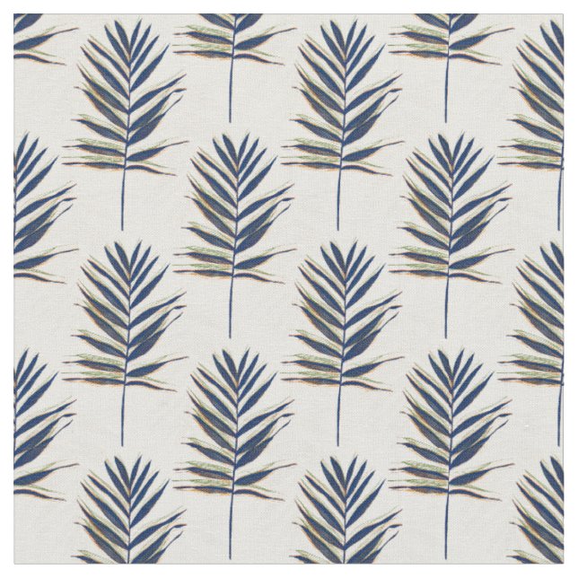 Modern Blue Palm Leaves Gold Strokes White Design Fabric (Close Up)