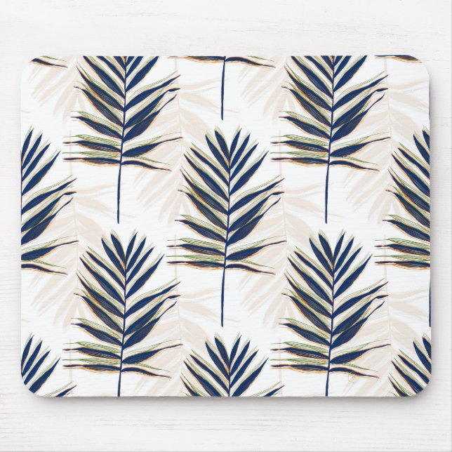 Modern Blue Palm Leaves Gold Strokes White Design Mouse Pad (Front)