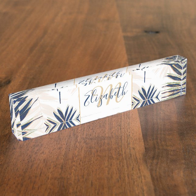Modern Blue Palm Leaves Gold Strokes White Design Nameplate (Side)