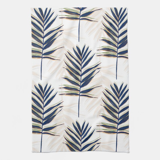 Modern Blue Palm Leaves Gold Strokes White Design Tea Towel (Vertical)