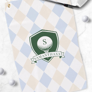Modern Blue Pattern Green Golf Ball Name Monogram Towel